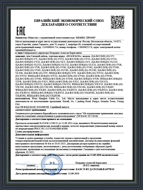 Power Cable EAEU ROHS Certificate 
